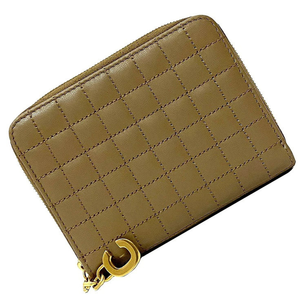Celine Coin Wallet Beige Leather Purse Compact Zipper Quilted Wallet Brown Gold